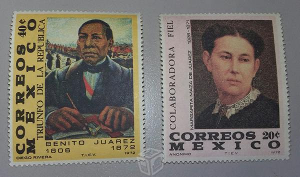 Timbres de Benito Juárez y esposa