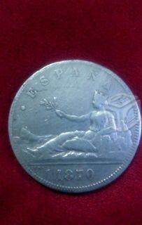Moneda Plata 1870 5 Pesetas Siglo XIX Gob.Prov