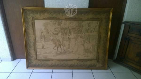 Antiguo Gobelino francés firmado y enmarcado