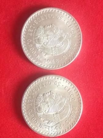 2 Monedas de plata 1948, 5 pesos cuauthemoc