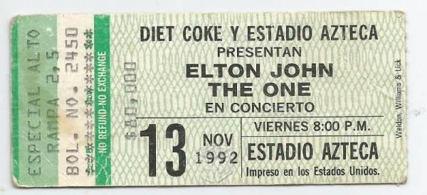 Boleto concierto Elton John 1992 Estadio Azteca